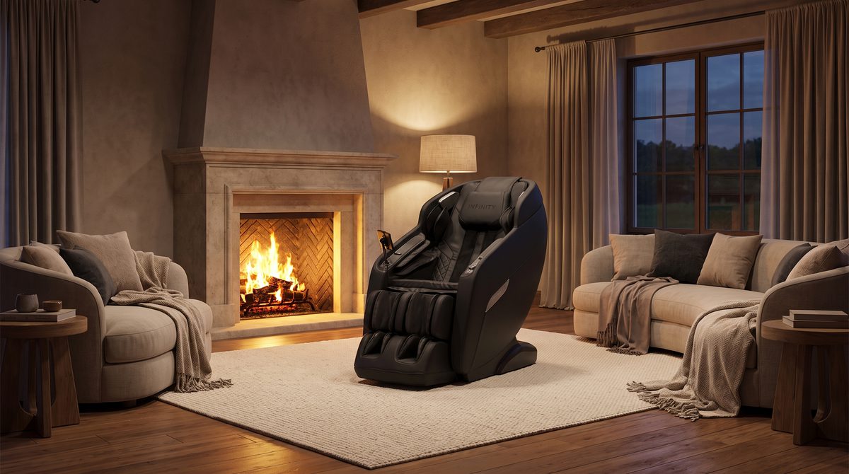 A premium massage chair by a fireplace in a warm evening living room