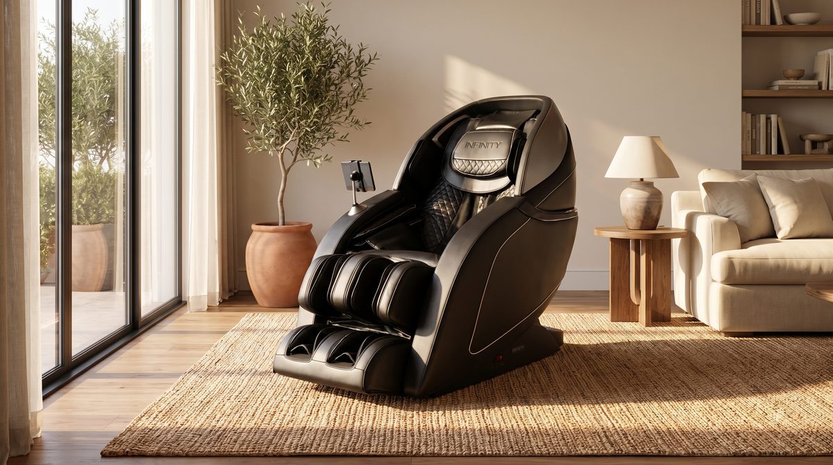 A luxury massage chair in a warm contemporary living room