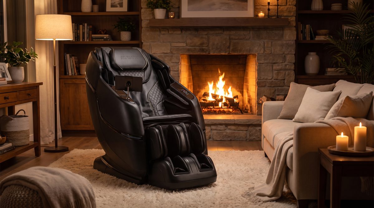 A premium massage chair by a fireplace in a warm evening living room