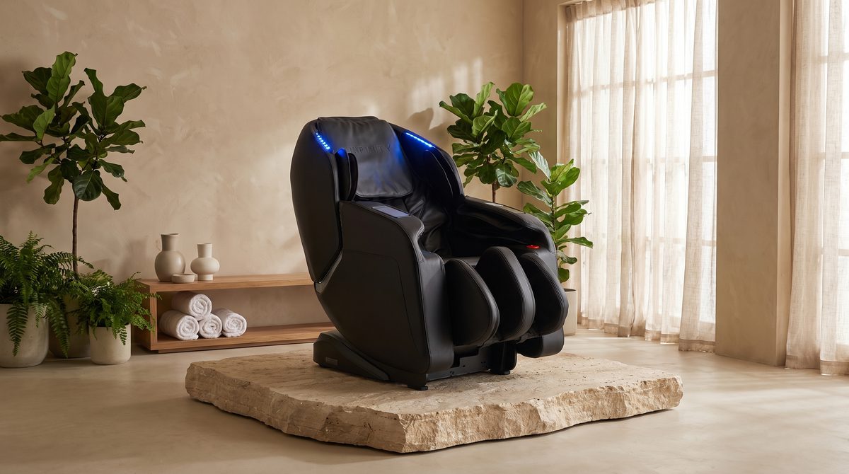 A luxury massage chair in a serene spa-like room