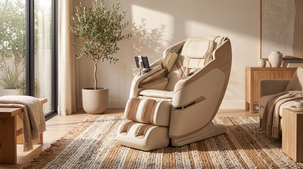 A premium massage chair in a warm contemporary living room